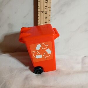 Miniature Orange Recycling Bin Toy with Rolling Wheels and Flip Lid 3 Inch